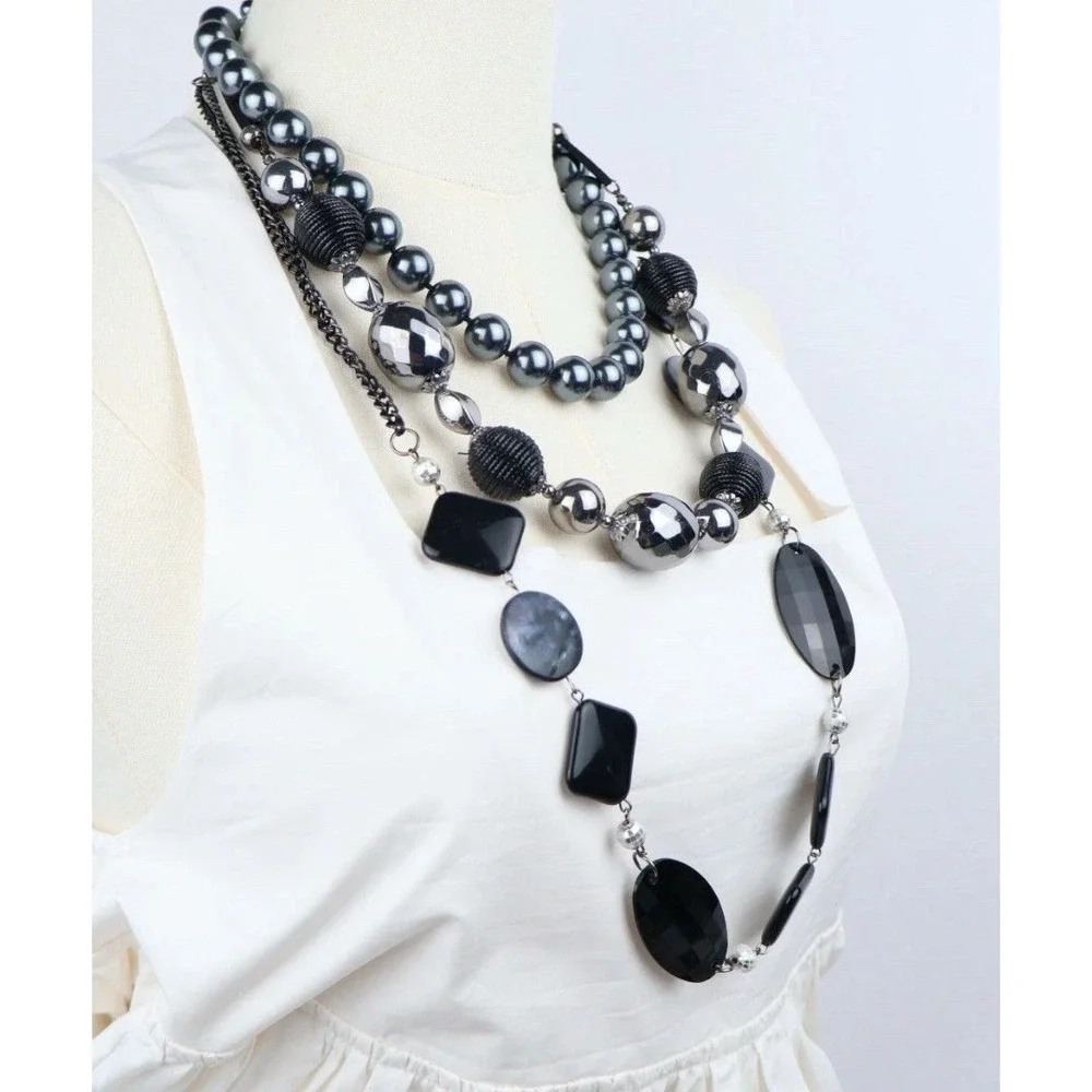 Multi Strand Layering Necklaces (3) Black Silver Chunky Beaded Bold‎ Statement
